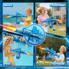 A collection of images showing children playing with an electric water gun in various outdoor and pool settings.