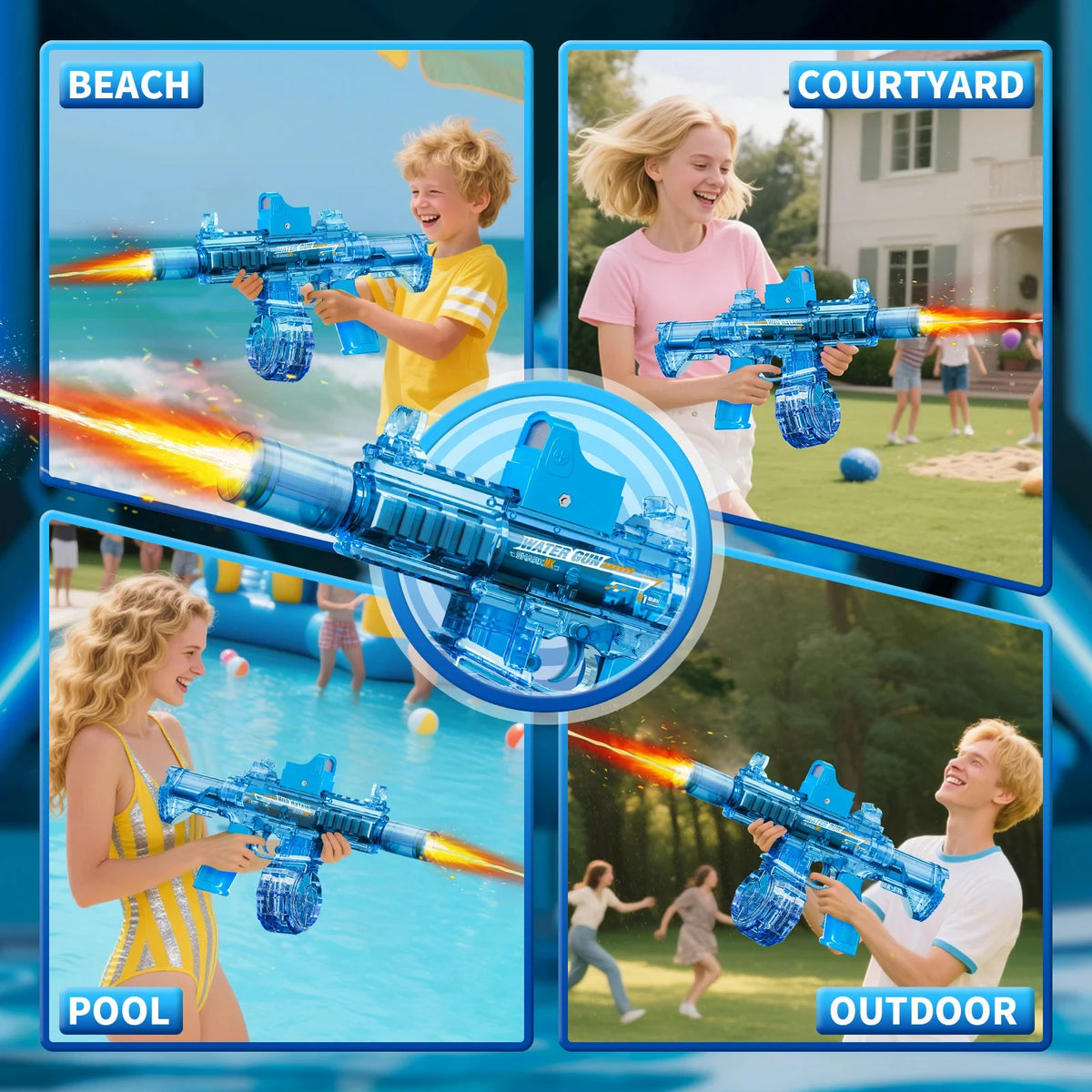 A collection of images showing children playing with an electric water gun in various outdoor and pool settings.