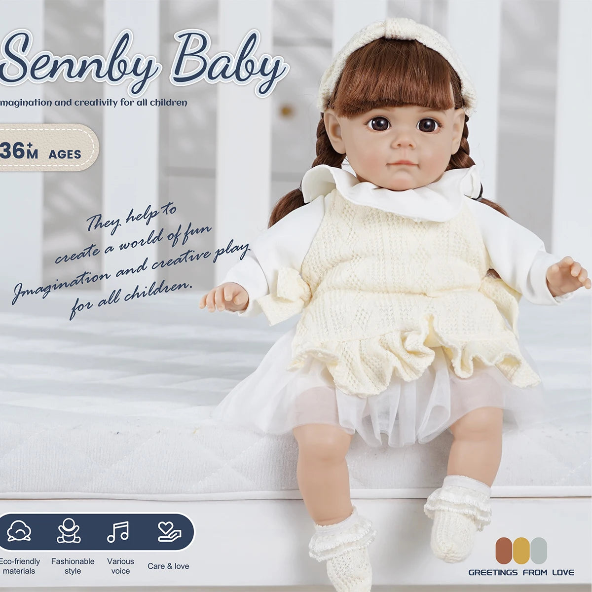 A lifelike 14-inch reborn baby doll with a white outfit and bonnet is shown in a studio setting.