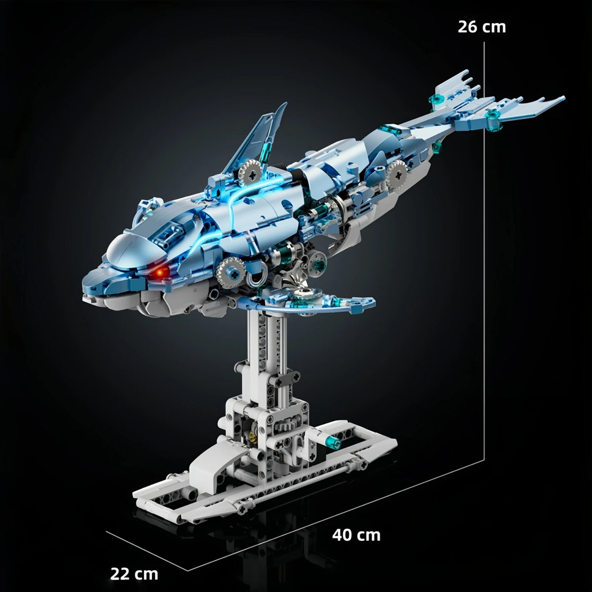 A detailed blue and white mechanical model kit of a dragonfly, shown from the side with dimensions provided.