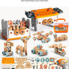 A box set of 158 pieces for a kids tool set with toy drill and assembly playset featuring various tools and components.
