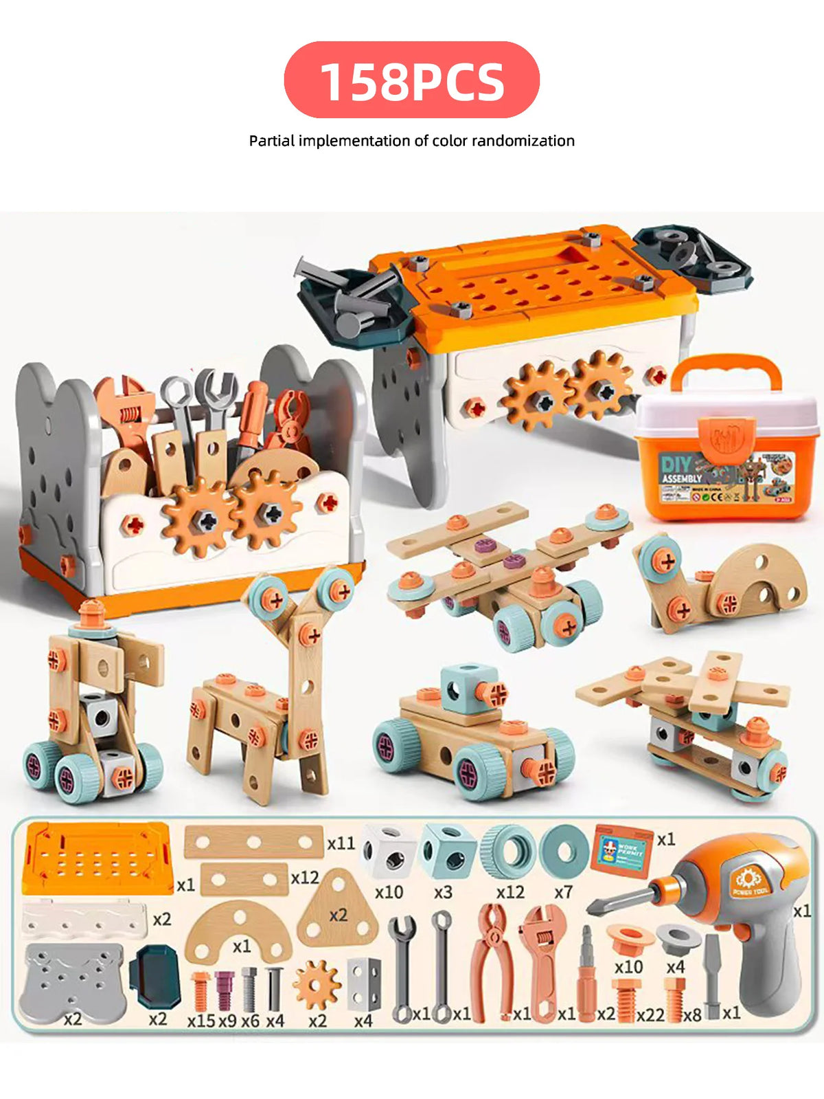 A box set of 158 pieces for a kids tool set with toy drill and assembly playset featuring various tools and components.