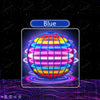 A vibrant blue sphere with concentric light rings is displayed against a dark background.