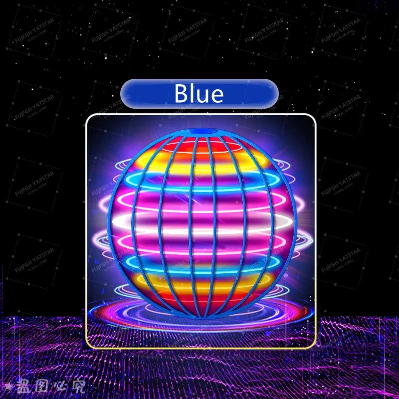 A vibrant blue sphere with concentric light rings is displayed against a dark background.