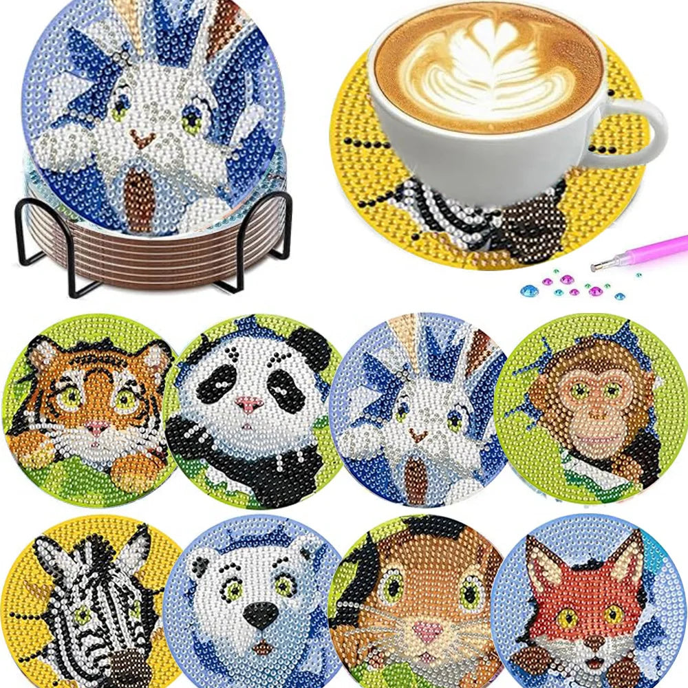 An assortment of eight diamond painting coasters featuring various animal and nature designs.