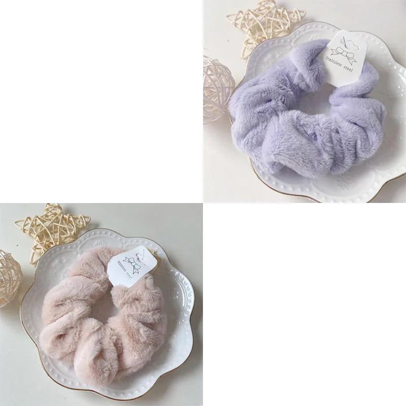 Plush Knit Scrunchie Hair Ties with Leather Accent