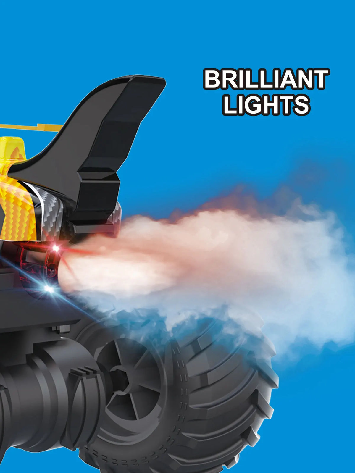 Close-up of an All-Terrain RC Monster Truck with brilliant lights emitting smoke and light beams.