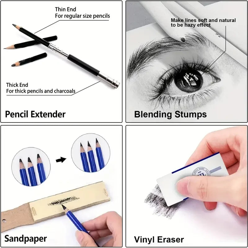 A set of drawing and sketching tools including a pencil extender, blending stumps, sandpaper, and a vinyl eraser.