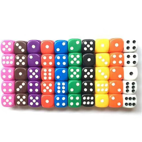 A row of ten 12mm multicolor six-sided dice in various colors and shades.