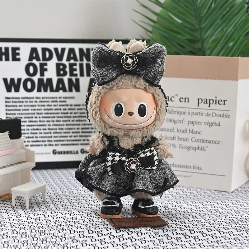 A plush outfit for a 17cm Labubu doll featuring black and gray flannel fabric.