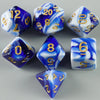 A collection of acrylic dice featuring a blue and white marbled blood effect pattern.