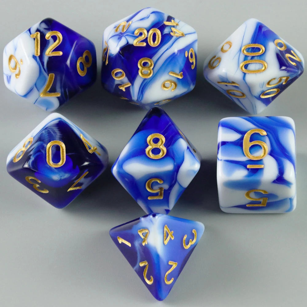 A collection of acrylic dice featuring a blue and white marbled blood effect pattern.
