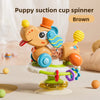 Brown puppy suction cup spinner toy with yellow and blue accents