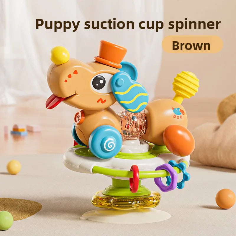 Brown puppy suction cup spinner toy with yellow and blue accents