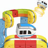 A colorful magnetic train engine toy with yellow, red, and blue components and a white locomotive on top.
