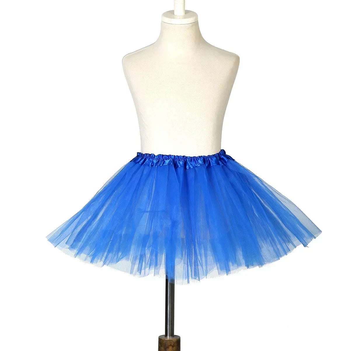 A bright blue three-layer tutu skirt displayed on a mannequin.