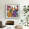 A framed painting featuring two vibrant peacocks with iridescent blue and purple plumage against a colorful, glowing backgrou