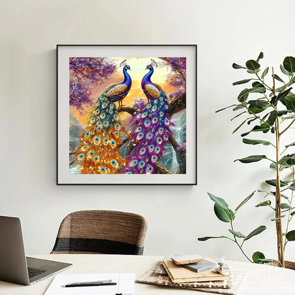 A framed painting featuring two vibrant peacocks with iridescent blue and purple plumage against a colorful, glowing backgrou