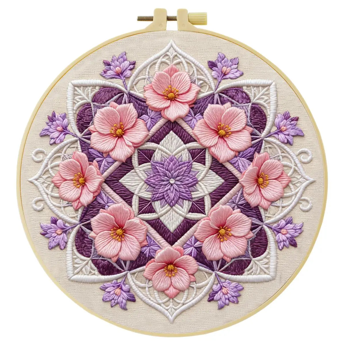 Flower embroidery starter kit featuring a detailed floral mandala design in pink and purple thread on a cream fabric