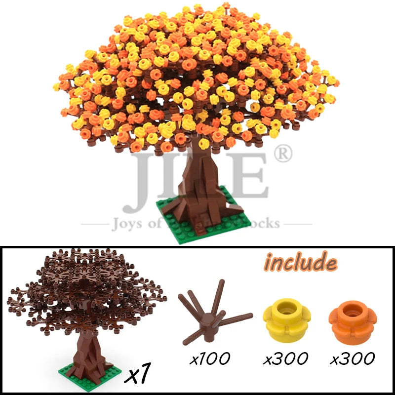 A set of building blocks shaped like a flowering cherry blossom tree in orange and yellow colors.