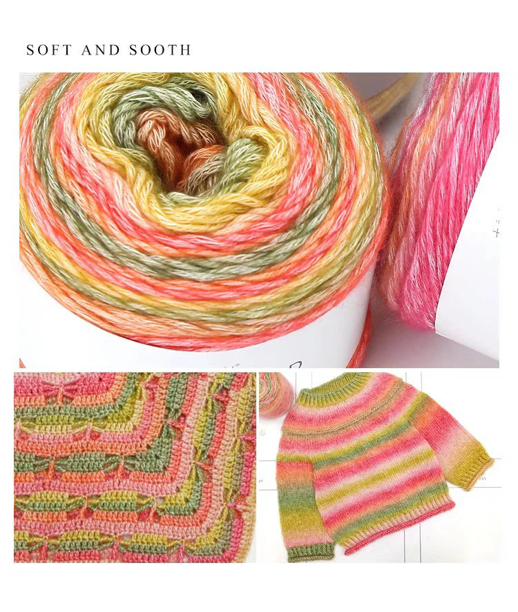 A ball of gradient rainbow yarn showing various shades of pink, orange, yellow, and green fibers.