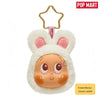 A fluffy cream bunny earbud case cover with pink inner ears and a gold hook.