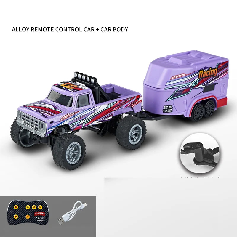 A purple and pink alloy remote control car with a travel trailer and controller visible.