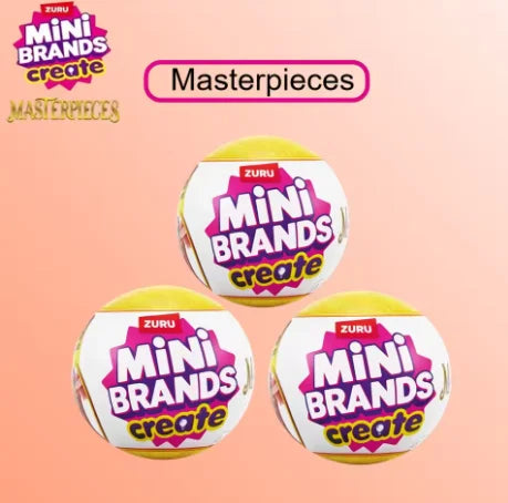 Five blind balls of Zuru Mini Brands Create Masterpieces featuring the Mini Brands Create logo