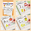 A set of handwriting activity sheets and a workbook for tracing letters like J, AA, and CC.