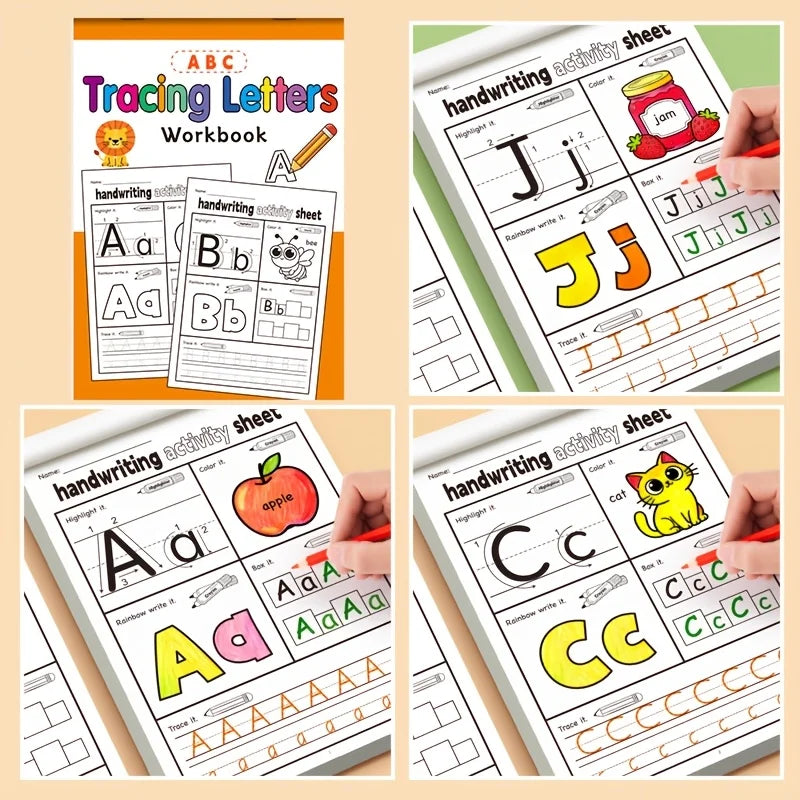 A set of handwriting activity sheets and a workbook for tracing letters like J, AA, and CC.