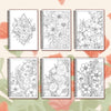 A set of three spiral-bound line art pages featuring detailed floral and botanical illustrations for adult coloring.