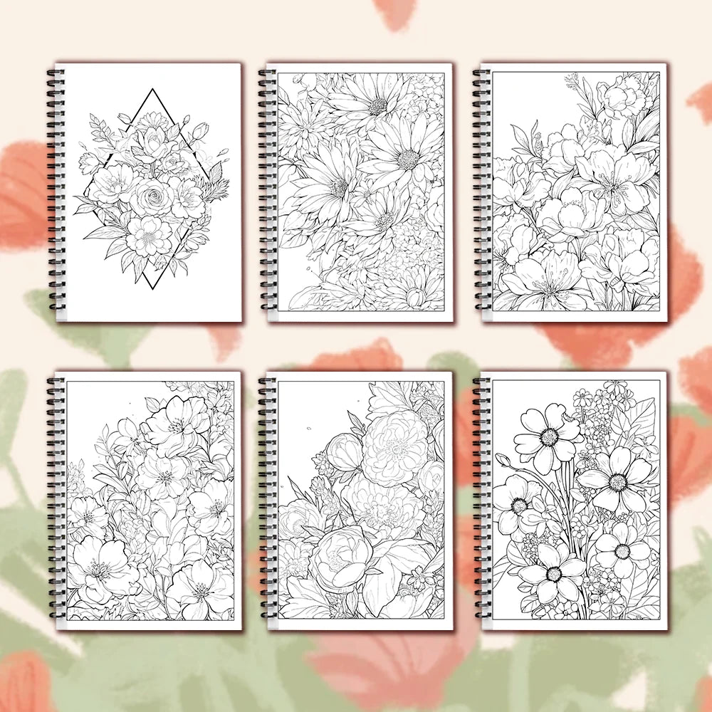 A set of three spiral-bound line art pages featuring detailed floral and botanical illustrations for adult coloring.