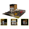 A diorama showing a 1:64 scale LED miniature car garage with a parking lot and various cars.