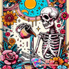A diamond painting kit featuring a skull and woman design surrounded by floral elements and celestial symbols.