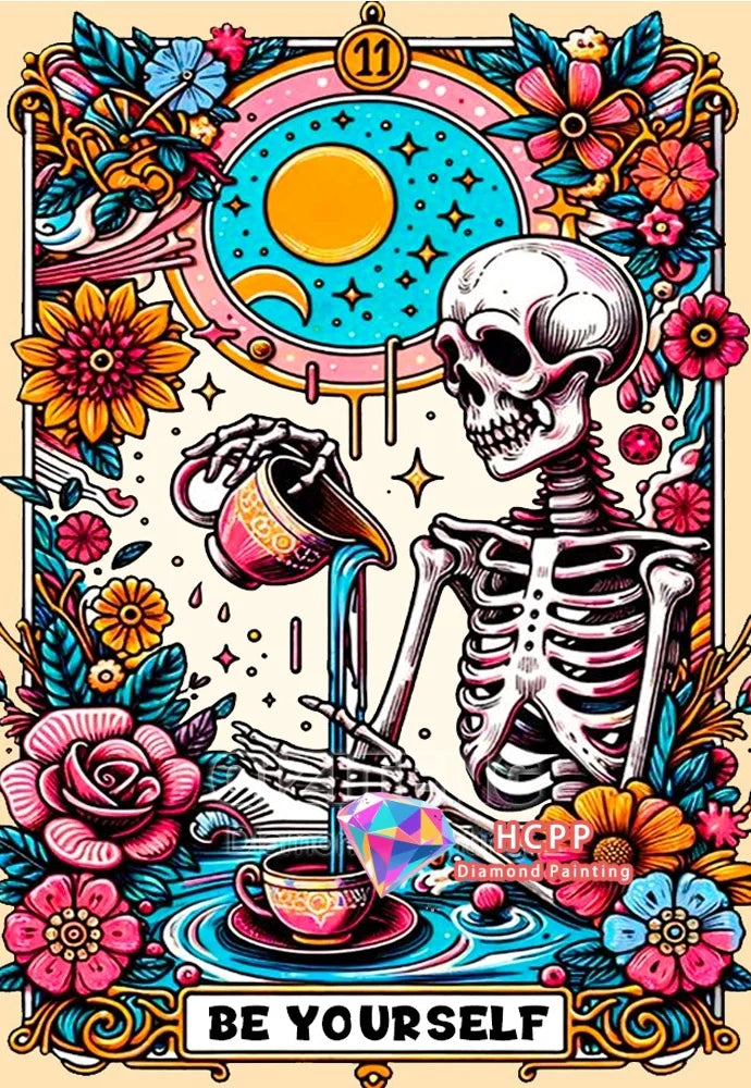 A diamond painting kit featuring a skull and woman design surrounded by floral elements and celestial symbols.