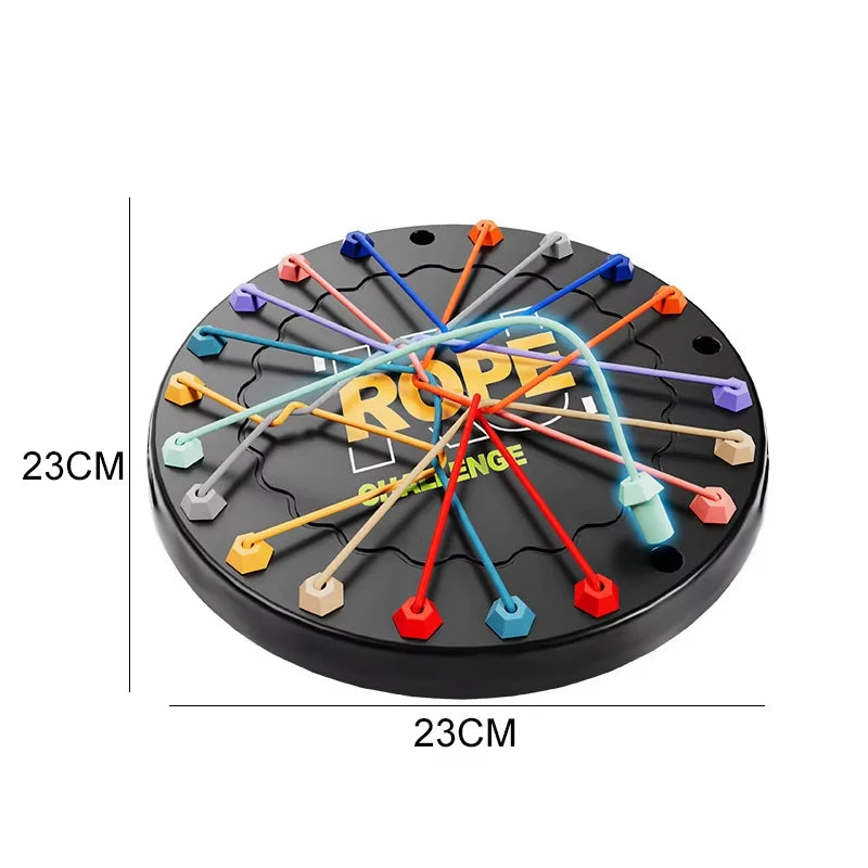 A black puzzle board with colored ropes and pegs, designed as a rope tangle challenge for kids.
