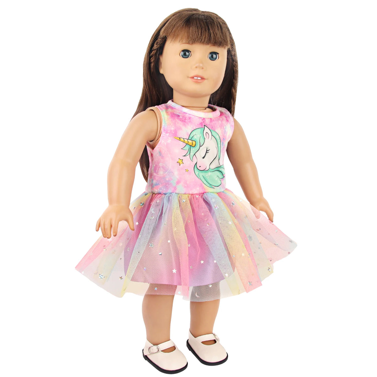 A doll wearing a pink and purple unicorn themed outfit with a tulle skirt.