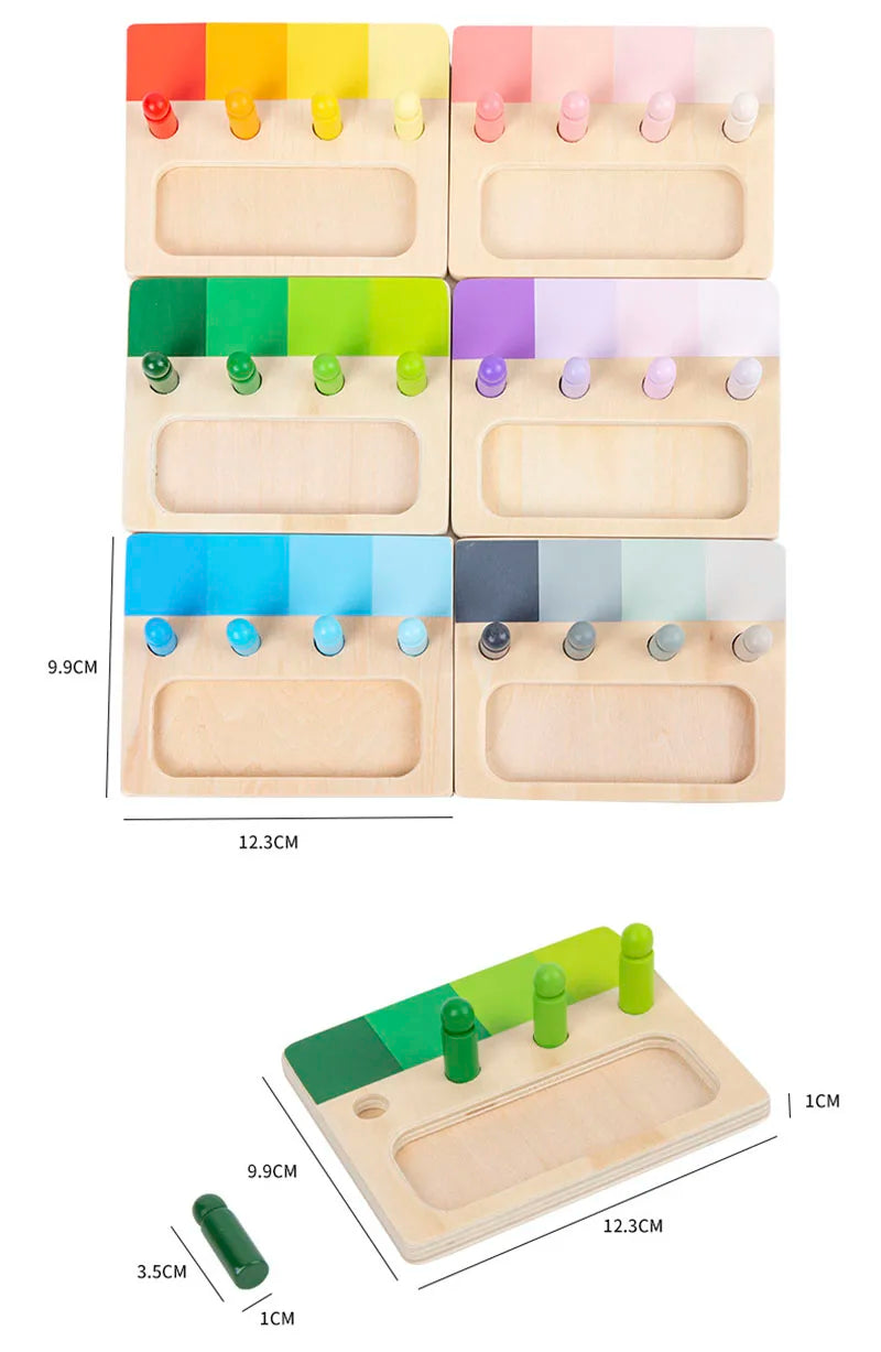 Wooden color matching toy featuring blocks of various colors arranged in a tray.