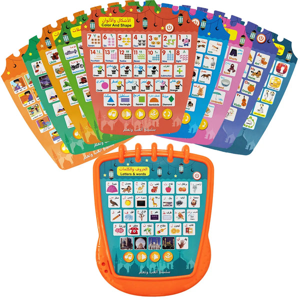 A colorful learning pad with letters, words, and shapes for early language development.