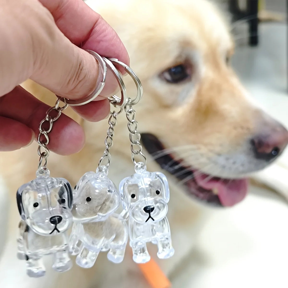 A hand holds three clear, dog-shaped pet hair keepsake keychains against a light brown dog.