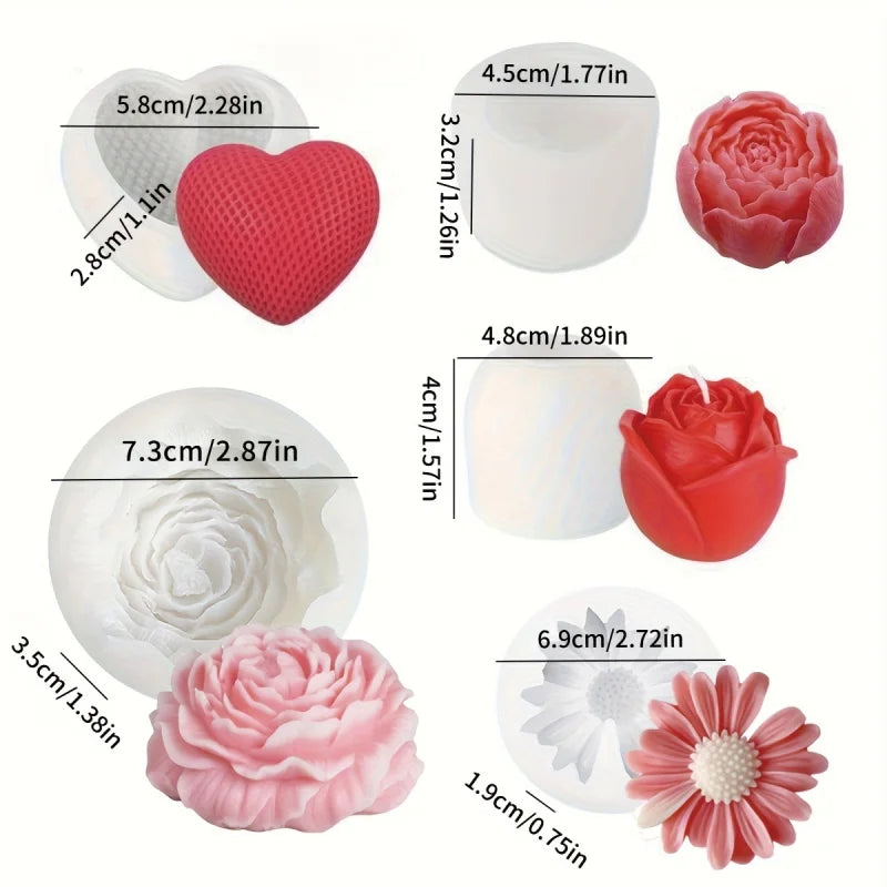 Floral Silicone Candle Mold Set with Rose, Daisy, Peony & Heart Designs