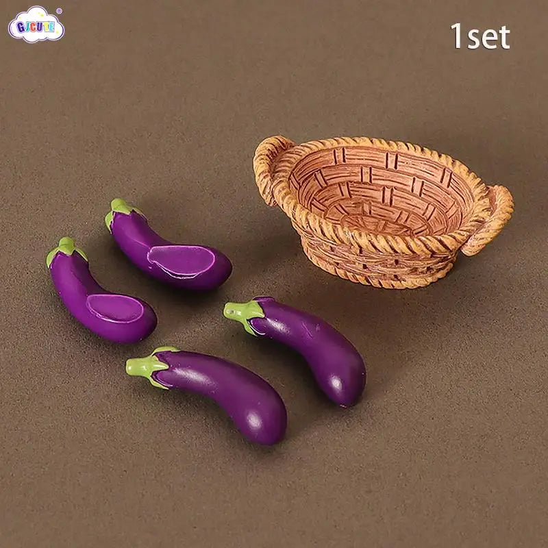 A set of miniature purple and green bell peppers and a woven basket for dollhouse play