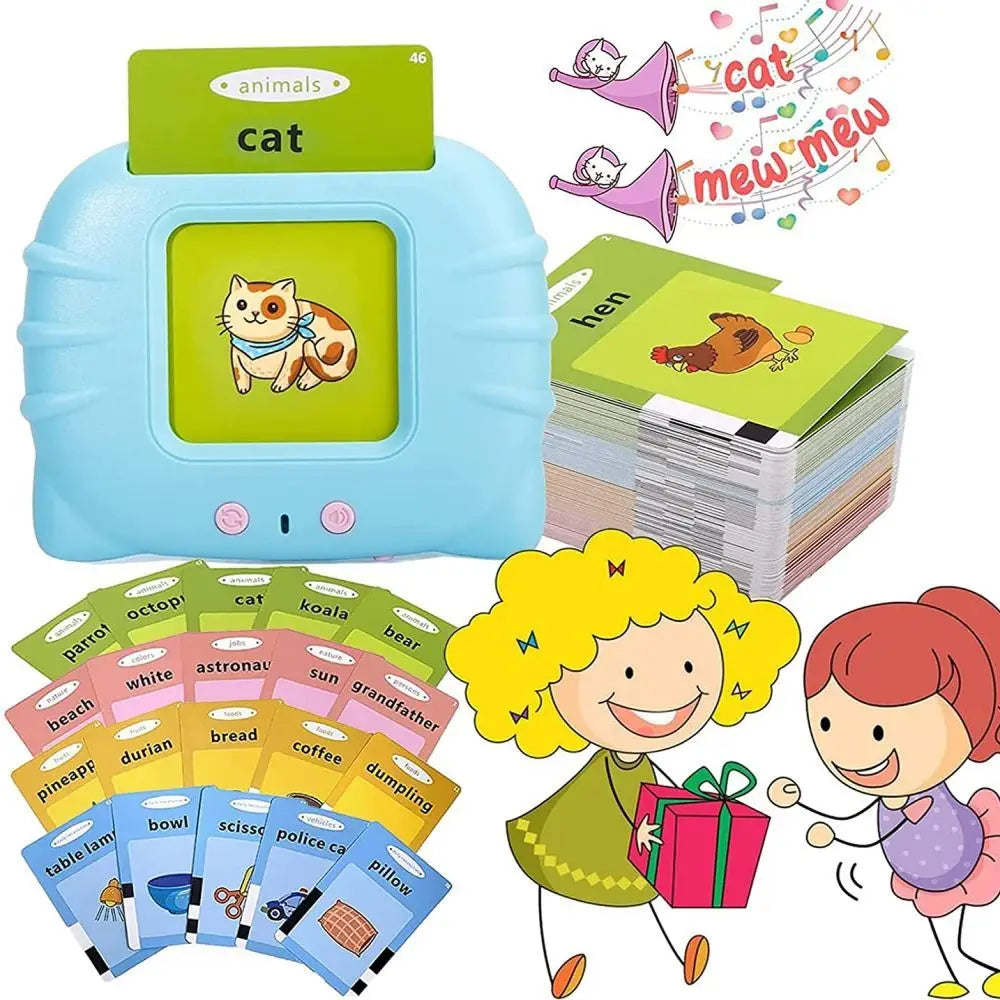 A blue interactive educational toy featuring a cat, surrounded by colorful flash cards for animals and objects.