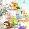 A set of colorful parrot micro building blocks featuring various bird figures in orange, pink, blue, and green.