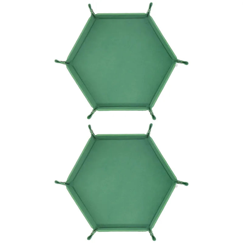 A green foldable PU leather hexagonal dice tray for tabletop games and desk organization.