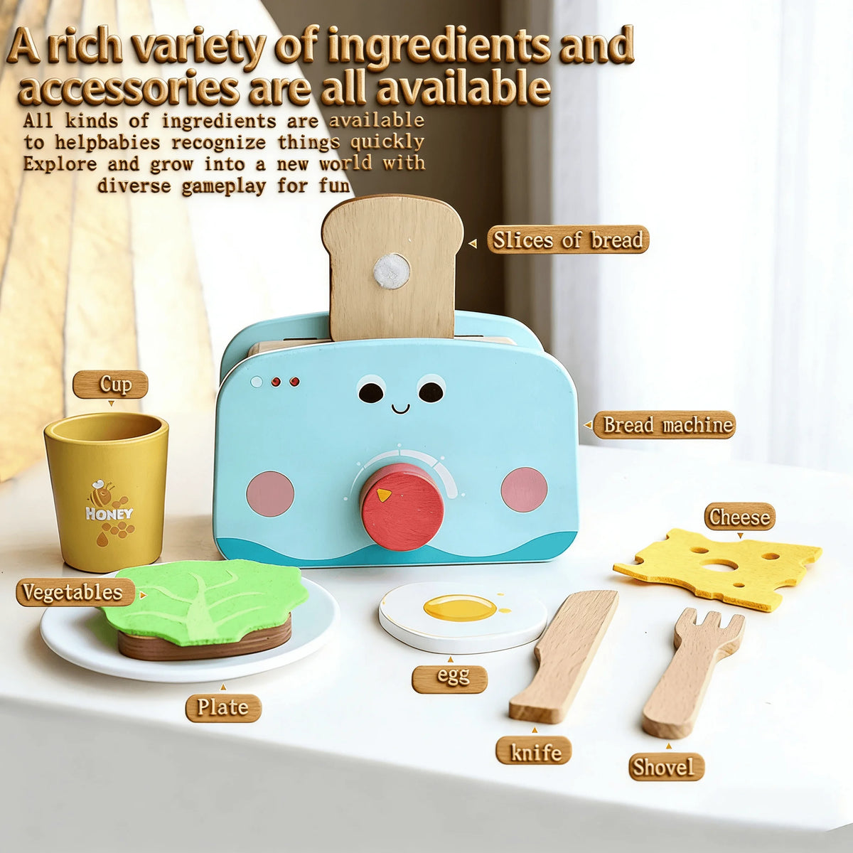 A wooden kitchen play set featuring various ingredients and accessories like bread, cheese, vegetables, and tools for kids.