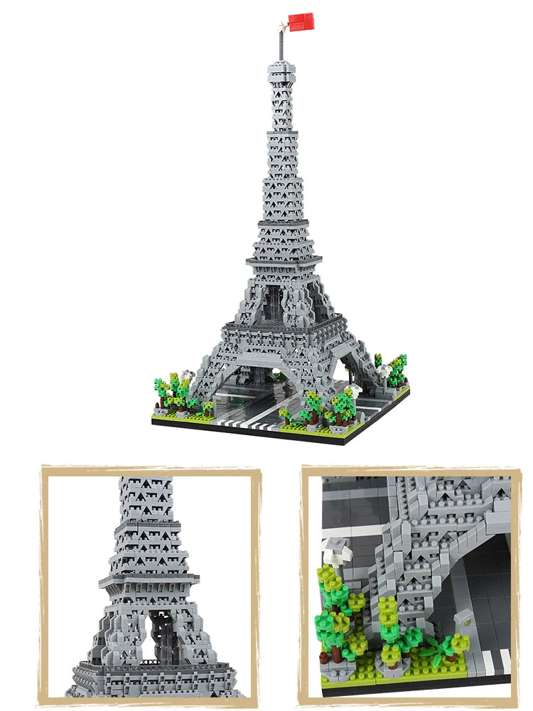 A miniature model of the Eiffel Tower built from gray LEGO-style blocks on a black base.