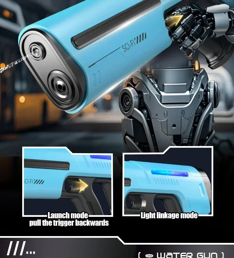 A close-up of a light blue sci-fi water gun with various modes shown, including launch and light linkage.