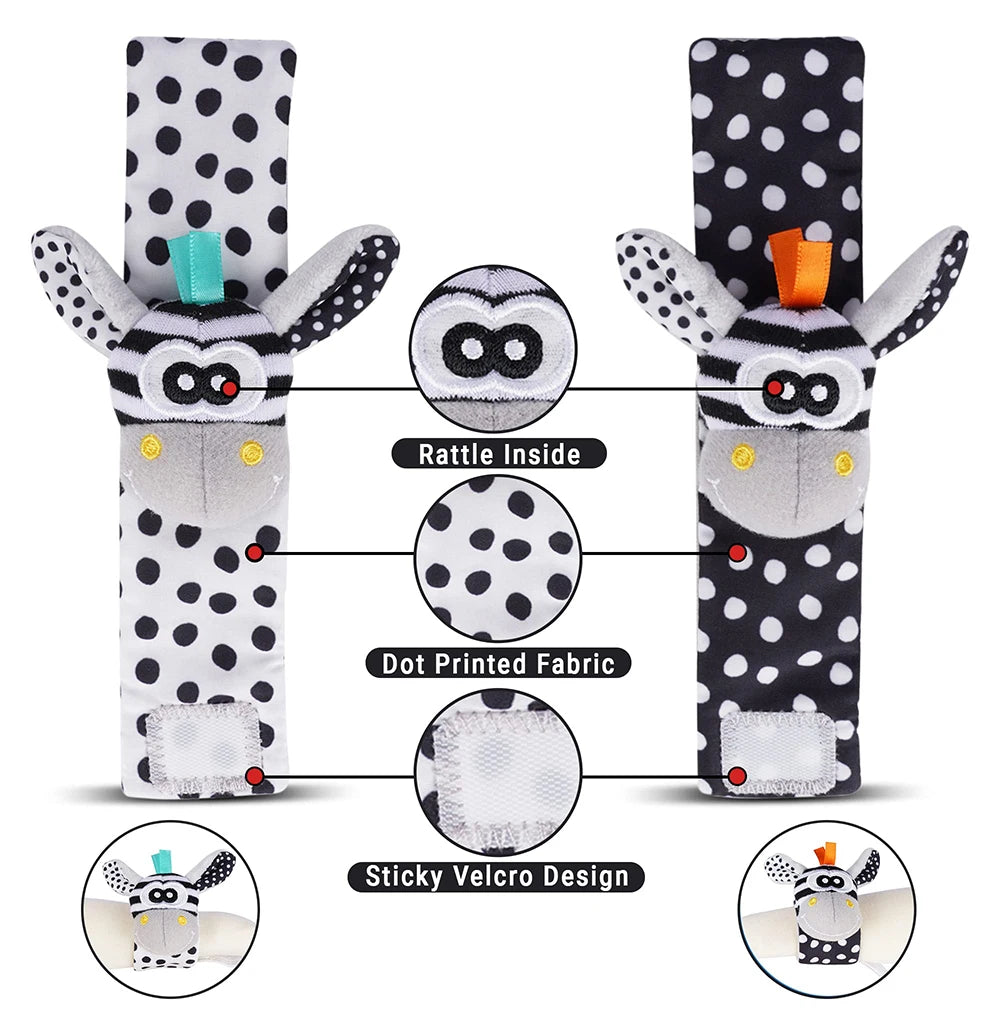 Schwarz-weißes Plüschspielzeug-Rassel mit Punktmusterstoff und Klebe-Velcro-Design.