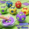 A collection of colorful press-and-rotate fidget balls and a purple press-and-deform spin ball being used for stress relief.